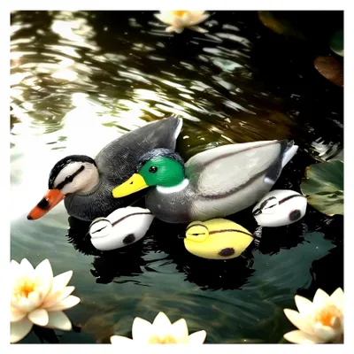 Produktbild von Schwimmenten-Set 5-teilig – Dekorative Enten für Teich und Pool – Wetterfeste Kunststoffenten, realistisch bemalt