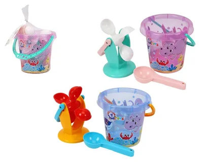 Produktbild von Sand- und Wasserspielset: Plastikeimer, Sandmühle mit Zubehör im Netzbeutel (17 x 16 cm)