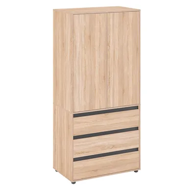 Produktbild von KOMTO Kleiderschrank Klein Schrank Schlafzimmer Kinderzimmer Mehrzweckschrank mit 2-türig & 3 Schubladen Garderobenschrank Flur Drehtürenschra Sonoma