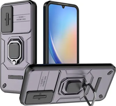 Produktbild von Hülle für Samsung Galaxy A34 Dual Layer Handyhülle Schiebe Kamera Schutz und Ringhalter Ständer Lila
