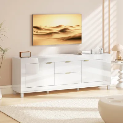 Produktbild von TV-Schrank mit Soft-Close, Fernsehschrank 2 Schubladen, Hochglanz Spanplatte, Weiß | 180 x 40 x 66 cm | bis 75 Zoll | 40 kg
