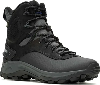 A single black and gray Merrell Thermo Kiruna 2 Tall boot is shown from a three-quarter side view against a white background.