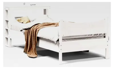 Produktbild von Bettrahmen mit Kopfteil, weiß, 75x190 cm, kleines Einzelbett, Massivholz, Kiefer
