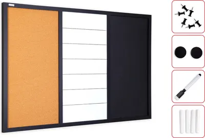 A multi-purpose board with cork, whiteboard, and chalkboard sections, along with accessories.