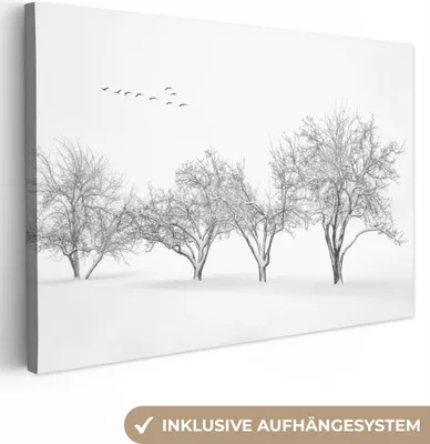 Produktbild von OneMillionCanvasses® - Leinwandbilder - 150x100 cm, Bäume - Schwarz und weiß - Natur - Vögel, Wandbilder Kunstdruck Wanddekoration - Foto auf Leinwand - Gemälde auf Holzrahmen