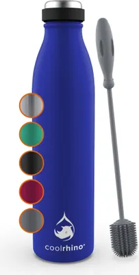 Produktbild von coolrhino Edelstahl-Trinkflasche 500ml, 1L – Kohlensäure geeignete Sportflasche inkl. Reinigungsbürste – BPA frei, Auslaufsicher -Thermosflasche & Teeflasche für Uni, Schule, Fitness, Outdoor, Camping