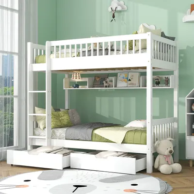 A white bunk bed with drawers and shelves in a child's bedroom with light green walls.