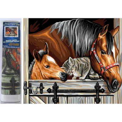 Imagen del producto de Mosaico de diamantes con motivo de caballos en una caja con un gato, 30x40 cm. Creatividad en diamantes