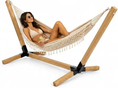 Imagen del producto de Estructura de soporte para hamaca de madera de haya, 325 cm – Estructura de madera marrón de alta calidad para hamacas