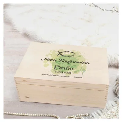 Produktbild von Personalisierte Erinnerungskiste - Symbole - Mit Name & Datum - Erinnerungsbox für Mädchen & Jungen - Geschenk zur Kommunion, Konfirmation & Taufe