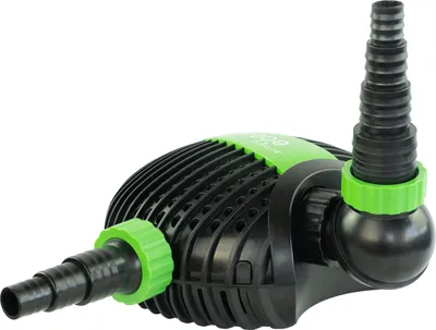 A black and green pond pump is shown against a white background.