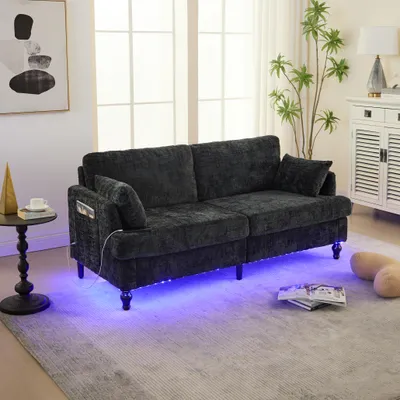Obrázek produktu pro MODFU Relaxační křeslo s LED a USB nabíjecím portem, rozkládací postel pro obývák-ložnici-pracovnu, dvoumístná pohovka s dřevěnými nohami a úložnou kapsou, bez matrace, černá