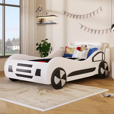 Immagine prodotto di okwish Letto per bambini 90x200 cm, letto a forma di auto, letto a forma di automobile, letto multifunzionale per bambini con contenitore sotto il letto, bianco (senza materasso)
