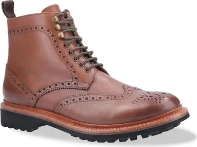 A single brown leather boot is shown against a white background.