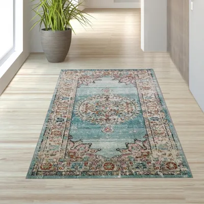 Image de Tapis d'extérieur vintage de style oriental, bleu et crème - Dimensions : 80 x 150 cm
