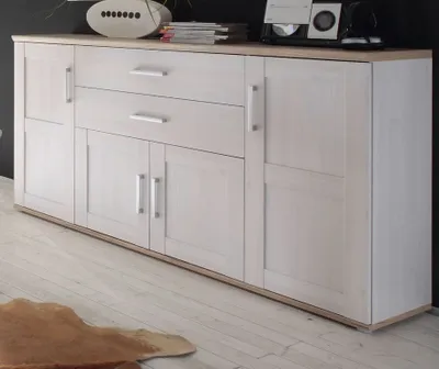 Produktbild von HBZ-MEBLE, Sideboard, Weiß, Wohnzimmer, Holzwerkstoff, zeitlos, 100x186x46 cm (HBT), Stauraum mit Türen und Schubladen, Sibiu Lärche Absetzungen Eiche Sanremo Nachbildung, Metallgriffe