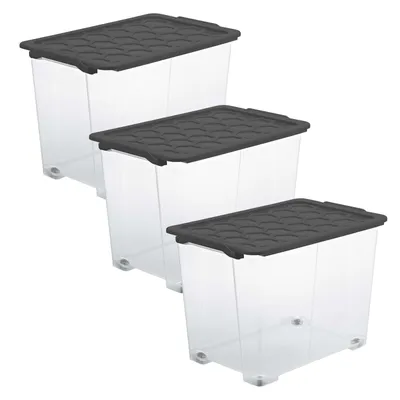 Produktbild von Rotho 3er-Set Aufbewahrungsbox mit Rollen 65L Evo Total - Kunststoffbox je 59,0 x 39,5 x 41,2 cm - Stapelbox mit Deckel - Boxen sicher verschliessbar
