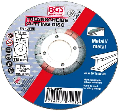 Immagine prodotto di BGS Disco da taglio per metallo Ø 115 x 2,5 x 22,2 mm Tipo 42 - 3922