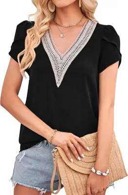 Produktbild von ASKSA Damen T-shirt V-Ausschnitt Blütenblatt Ärmel Bluse Spitzenbesatz Kurzarm Sommer Elegant Shirts Tunika Einfarbig Tops, Schwarz, XXL