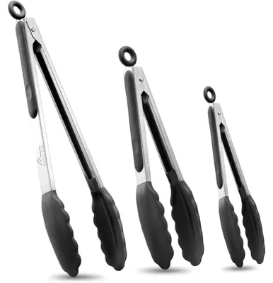 Zdjęcie produktu dla Zestaw 3 szczypiec kuchennych z silikonowymi końcówkami, czarne, ze stali nierdzewnej, o długościach: 18 cm, 23 cm i 30,5 cm