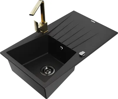 Produktbild von Mexen Cesar 1 Becken-Granitspüle mit Abtropffläche und Mischbatterie Rita, Schwarz - 6514-77-670300-50-B