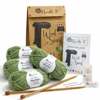 Imagen del producto de Kit para principiantes de tejido de punto con lana y agujas, color verde oscuro