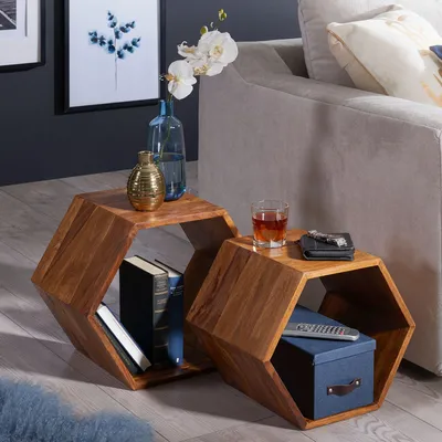 Produktbild von WOHNLING Beistelltisch 2er Set Sheesham Massivholz Wohnzimmertisch Couchtisch-Set massiv Designer Satztisch Wohnzimmer Kleiner Sofatisch Holz