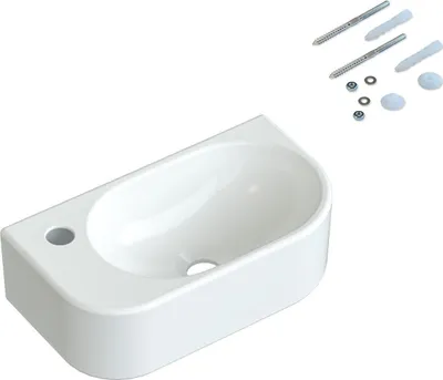 Produktbild von AQUALAVOS Waschbecken Handwaschbecken weiß eckig oval klein Badezimmer Gäste wc wandhängend mit Hahnloch(links) BxTxH: 40x21,5x10,5 cm ohne Unterschrank  und Überlauf Eckwaschbecken