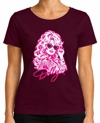 Zdjęcie produktu dla Damska koszulka z nadrukiem przedstawiającym Dolly Parton, piosenkarkę country, w stylu "cowgirl", w stylu retro, z motywami westernowymi, w kolorze różowym, rozmiar L