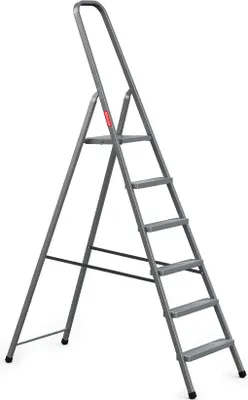A gray stepladder with six steps against a white background.