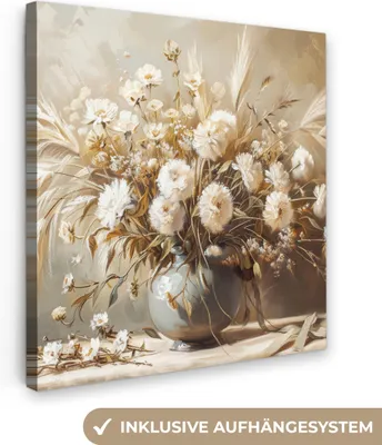 Produktbild von MuchoWow® - Leinwandbilder - Blumen - Vase - Stilleben - Beige, Wandbild, Wanddeko Bilder Wohnzimmer, 90x90 cm