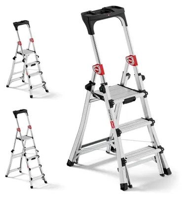Produktbild von Master TL100 Topline 3-in-1 Alu Teleskopleiter - Flexible Arbeitshöhe 3-5 Stufen bis 150 kg belastbar - 2,65-3,09 m einstellbar - große Plattform - ausziehbare Aluleiter