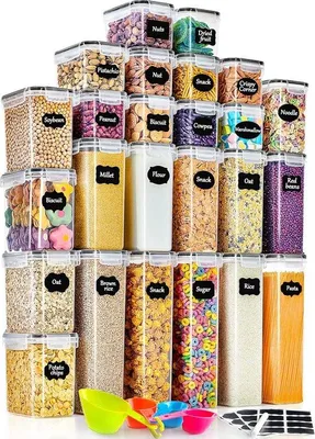 Obrázek produktu pro Plastové nádoby na potraviny, 25 kusů, vzduchotěsný kuchyňský organizér, s víkem, na müsli, mouku, kávová zrna, cornflakes, špagety atd., 2,8 l, 2 l, 1,4 l, 0,8 l