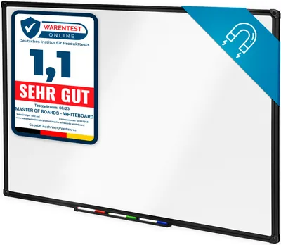 A whiteboard with a label indicating a product test rating and a magnetic symbol.