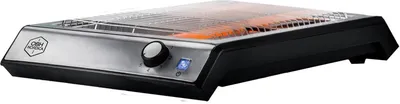 A toaster oven with a silver and black finish, shown from a slightly elevated side angle on a white background.