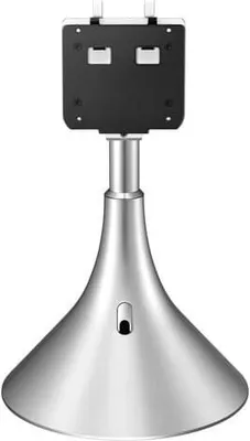 A silver TV floor stand with a black mounting bracket is shown against a white background.