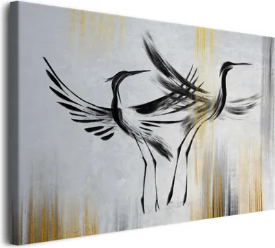 Produktbild von Abstraktes Leinwandbild für Wohnzimmer Gemalte Schwarze Kraniche 80x120 cm