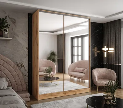 Produktbild von Moderner 2-türiger Kleiderschrank mit Schiebetüren in Wotan Eiche mit 2 Spiegeln 110x58x250 cm – für Schlafzimmer und Flur
