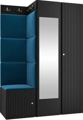 Produktbild von MIRJAN24 Garderoben-Set Orion Ryfel Slim XXIV, Kleiderschrank, Schuhschrank, Kleiderhakenbrett, 7x Paneel 42x42, Spiegel, 8 Kleiderhaken, Metallgriffe (Farbe: Schwarz, Manila 26)