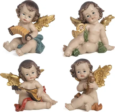 Obrázek produktu pro Sada 4 polyresinových figurek andělů s hudebními nástroji - dekorativní anděl s harfou trumpetou mandolínou akordeonem - dekorativní figurka sedící na zlatých křídlech - vánoční dekorace dárek