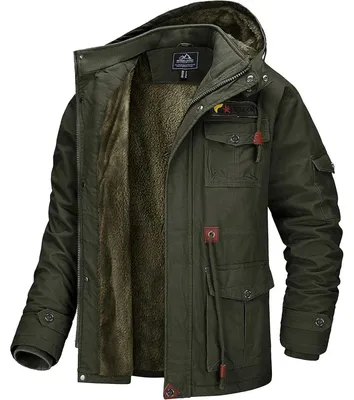 Produktbild von Winterjacke Herren Warm Gefüttert Fleece Winddicht Übergangsjacke Abnehmbare Kapuze Armeegrün S