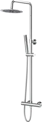 Produktbild von Duschsystem Set Chrom rund mit Regendusche Ø20 cm, Handbrause & Thermostat – Komplettdusche mit höhenverstellbarer Duschstange & Anti-Kalk-Funktion