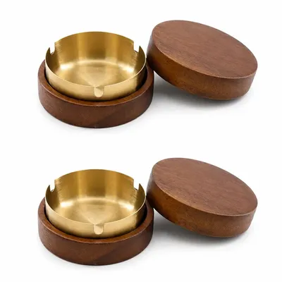 Produktbild von 2 Stück Holz Aschenbecher mit Deckel und Edelstahl-Innenschale für Zuhause, Büro, Braun