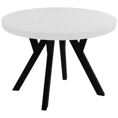 Productafbeelding van Eettafel CONVIVIO ADIDARMEBLE, diameter 90 cm, uitschuifbaar tot 130/170 cm, wit decor, zwarte poten, 2 inlegplanken van elk 40 cm