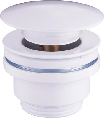 A white pop-up drain stopper for a sink or bathtub.