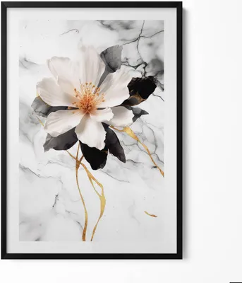 Produktbild von Marmorkomposition mit Blumen– Wandbild mit Rahmen – Gerahmtes Bild  – Wanddekoration – 70x100 cm –  Schwarz Rahmen
