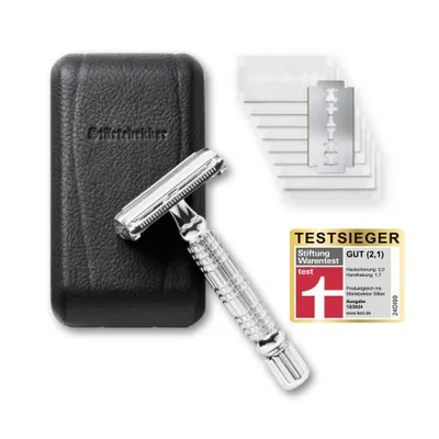 Image de Rasoir de sécurité Störtebekker « Hamburg » argenté - Kit de rasoir de sécurité pour homme - avec 10 lames de rasoir et un étui en cuir