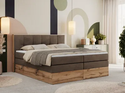 Produktbild von MKS MEBLE Boxspringbett, Doppelbett mit zwei Multipocket-Matratzen ALBERO 1 KING, Bettkästen und Kopfteil, Holzkiste in Wotan-Eichenfarbe - 180x200 cm - H3 - Braun Velvet