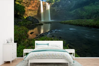 Produktbild von MuchoWow® Fototapete für Wohnzimmer oder Schlafzimmer Wandtapete Vinyl Motivtapete Wasserfall im Wald - 525x350 cm - Das Hintergrundbild