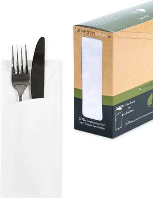 Produktbild von Bestecktasche Prime Fit in Weiß 85 x 190 mm, mit 2-lagiger Tissue-Serviette in Weiß - 100 Stück